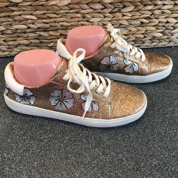 Vince Camuto Leather Claudia Gold and Silver Lace-up Metallic Sneakers - Picture 8 of 15